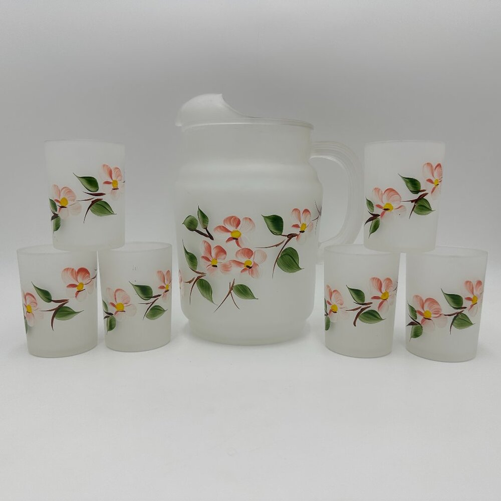 Vintage Hazel-Atlas Dogwood 40 oz Frosted Glass Pitcher and 6 Frosted 4 oz Cups